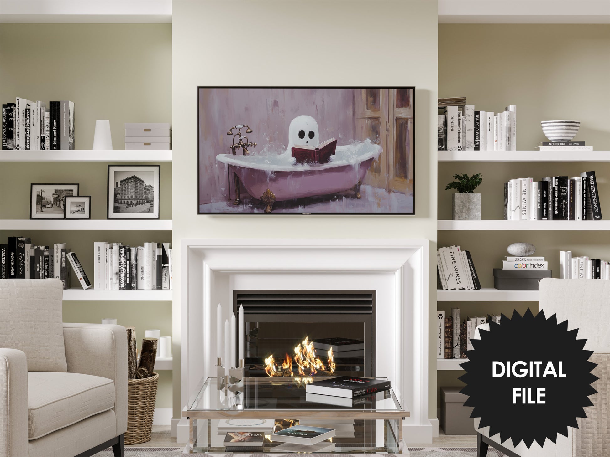 Samsung Frame TV Art Halloween | Cute Halloween Ghost in Purple Vintage Bathtub preview