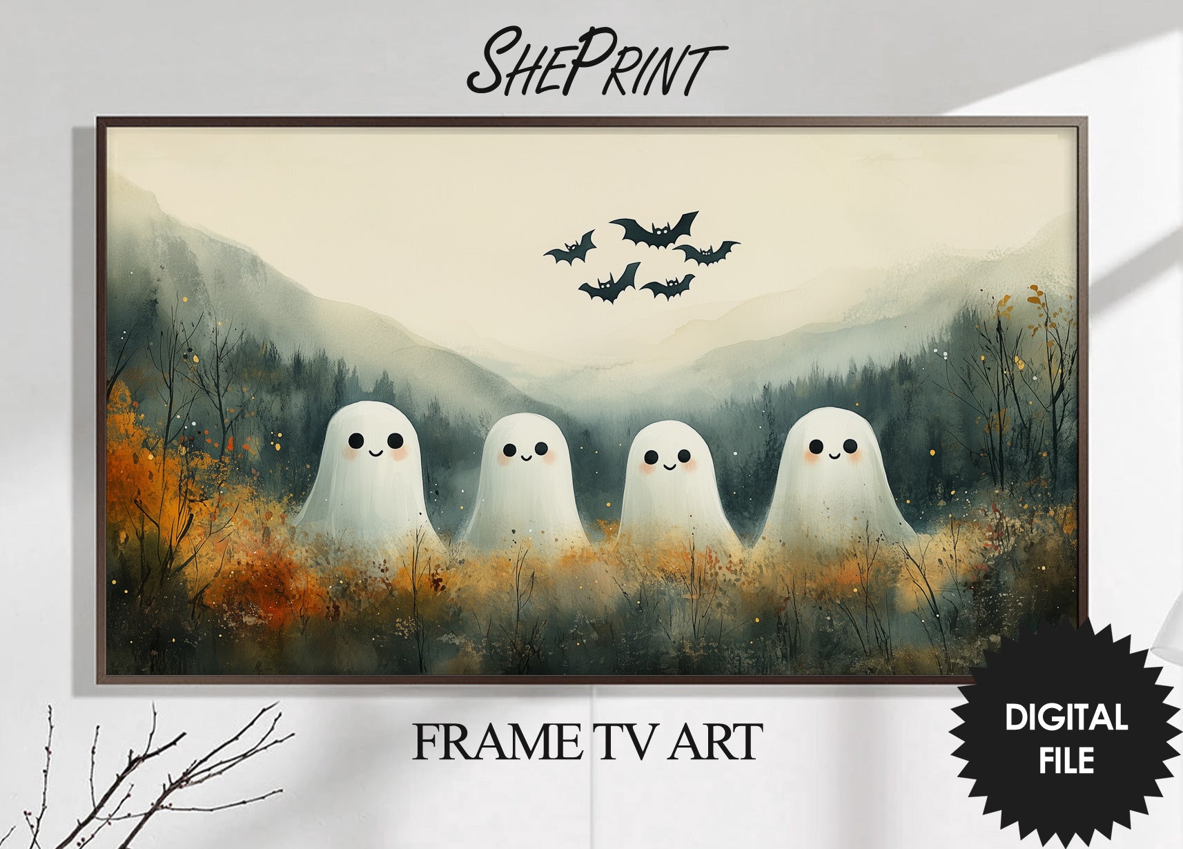 Halloween Frame TV Art | Magical Cute Ghosts In Forest preview