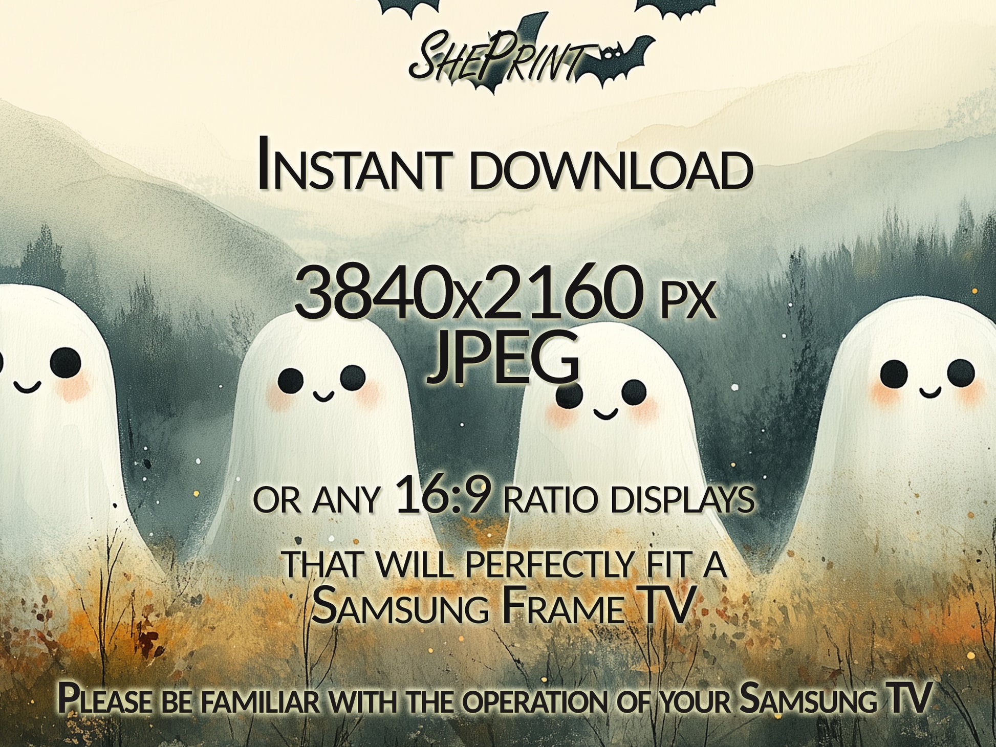 Halloween Frame TV Art | Magical Cute Ghosts In Forest close up view