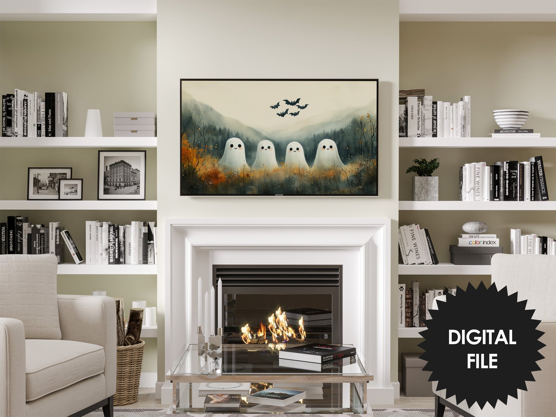 Halloween Frame TV Art | Magical Cute Ghosts In Forest  previw in modern living room