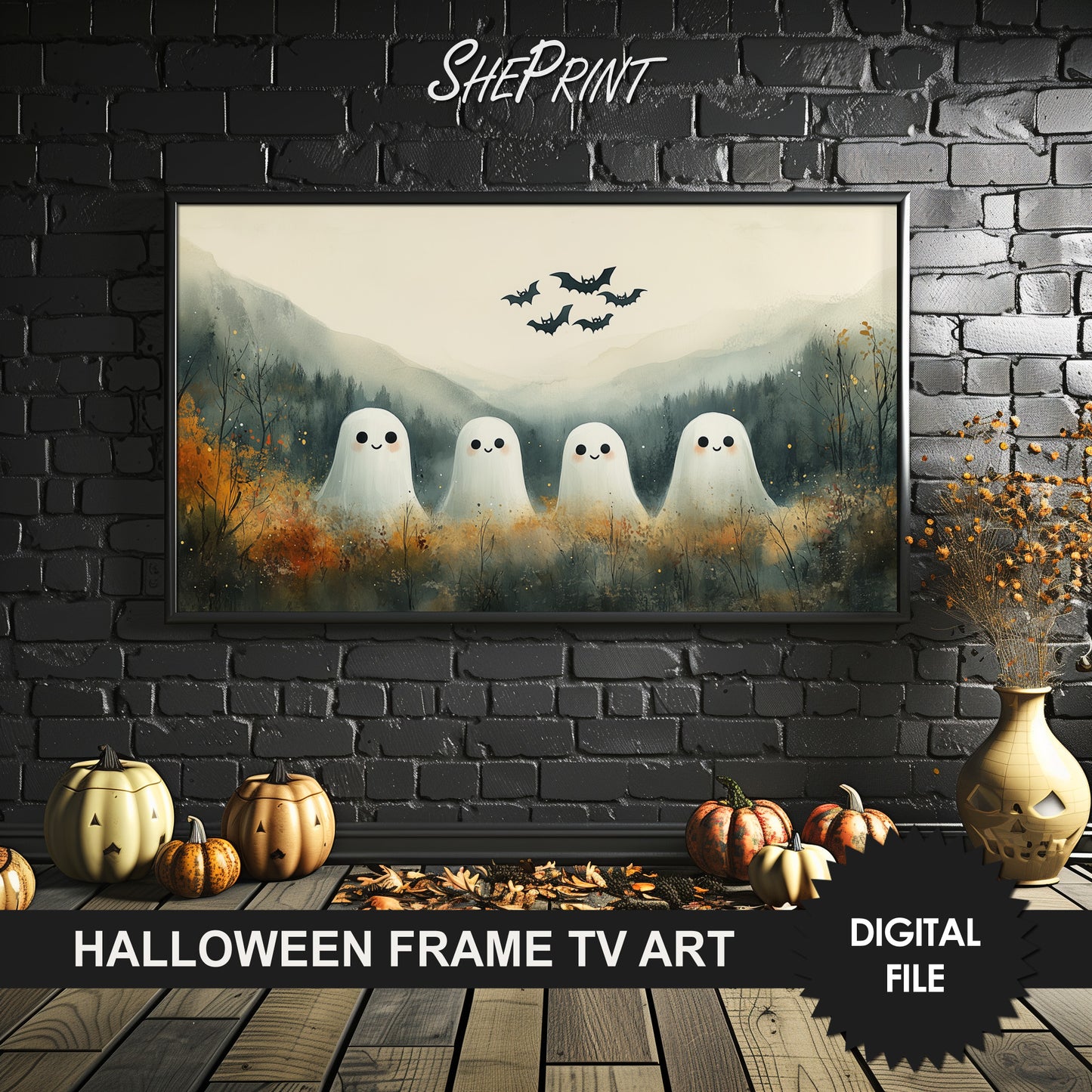 Halloween Frame TV Art | Magical Cute Ghosts In Forest preview in Halloween theme room