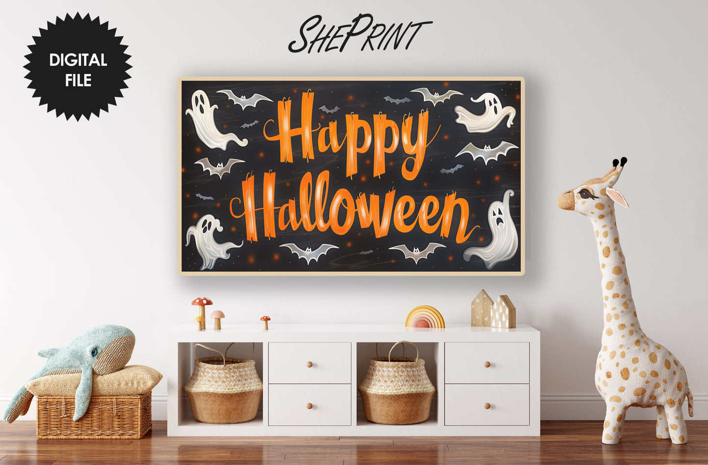 Frame TV Art Halloween | Cute Non Scary Halloween TV Banner in kids room preview 