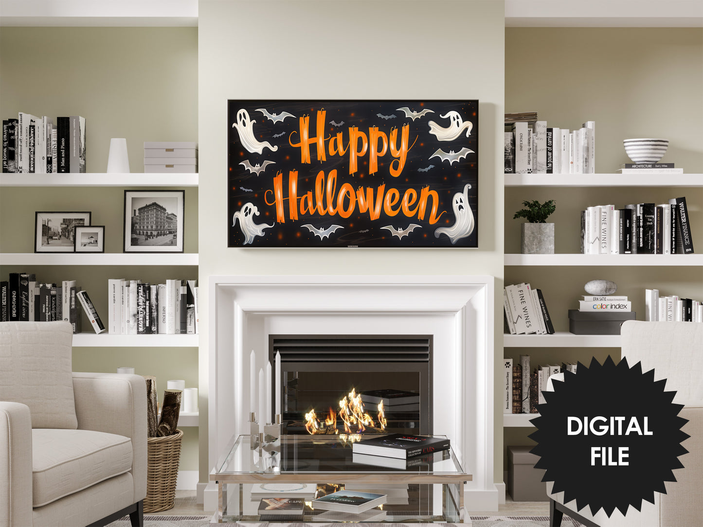 Frame TV Art Halloween | Cute Halloween TV Banner | Happy Halloween Sign preview in living room