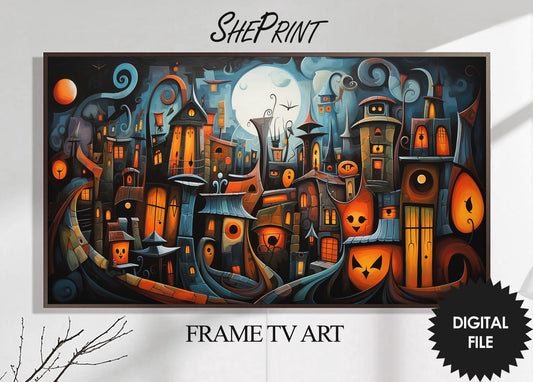 Samsung Frame TV Art, Cute Halloween Town, Digital TV Art, Instant Download