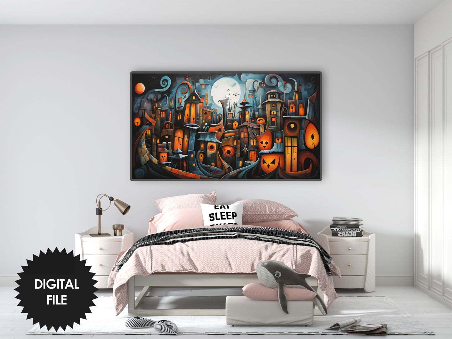 Samsung Frame TV Art, Cute Halloween Town, Digital TV Art, Instant Download