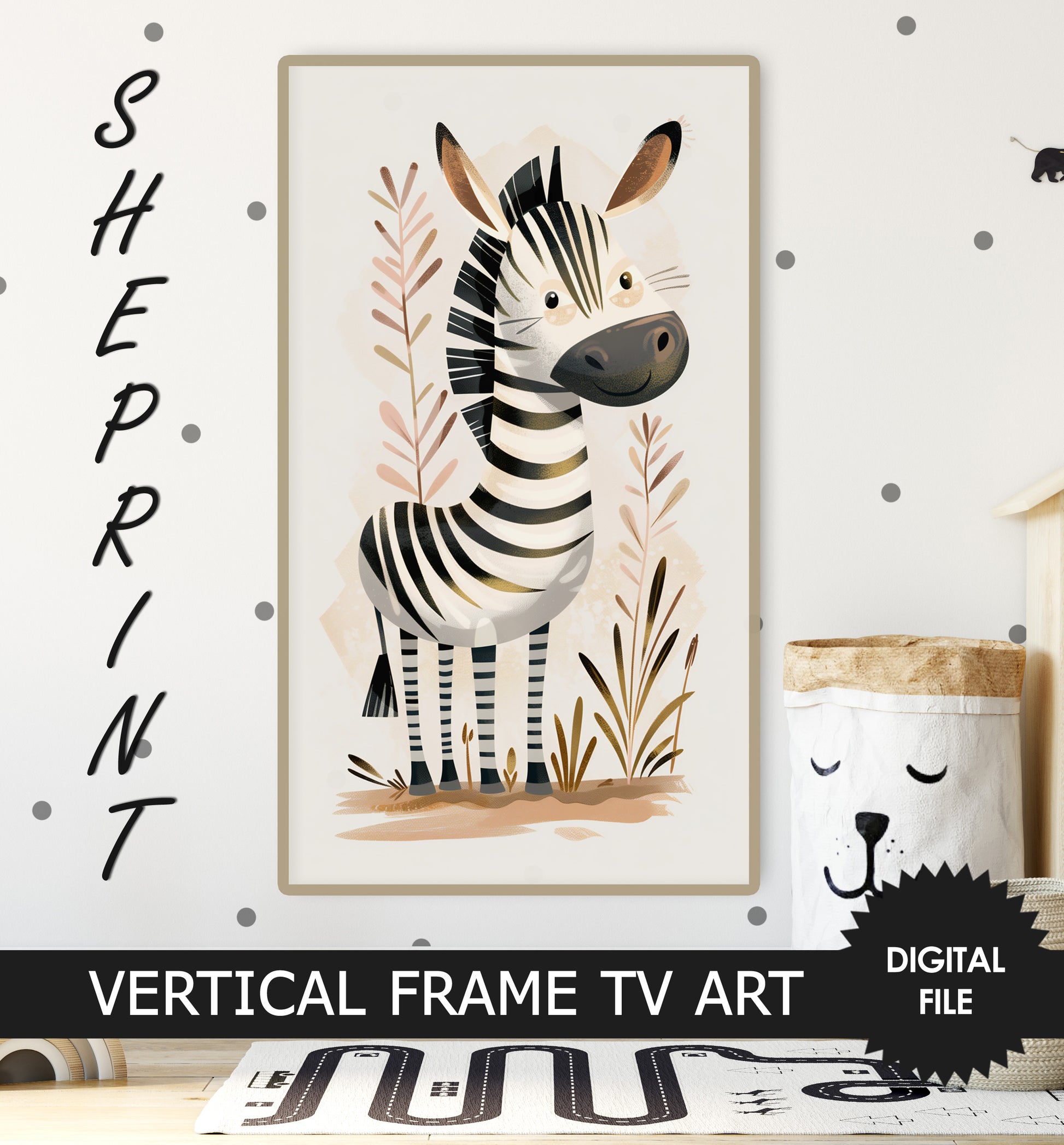 Cute Zebra Vertical Frame TV Art For Kids, Scandinavian Style preview in kids room