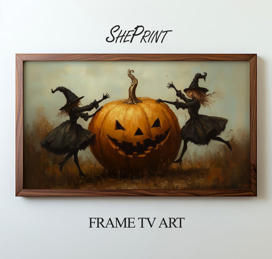 Frame TV Art, Desktop Wallpaper, Laptop Background, Halloween Dancing Witches, preview with wooden frame