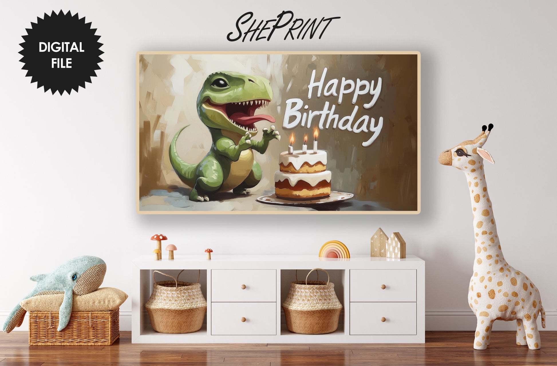 Frame TV Art For Kids | Happy Birthday | Dinosaur Themed Birthday Party preview in kids room