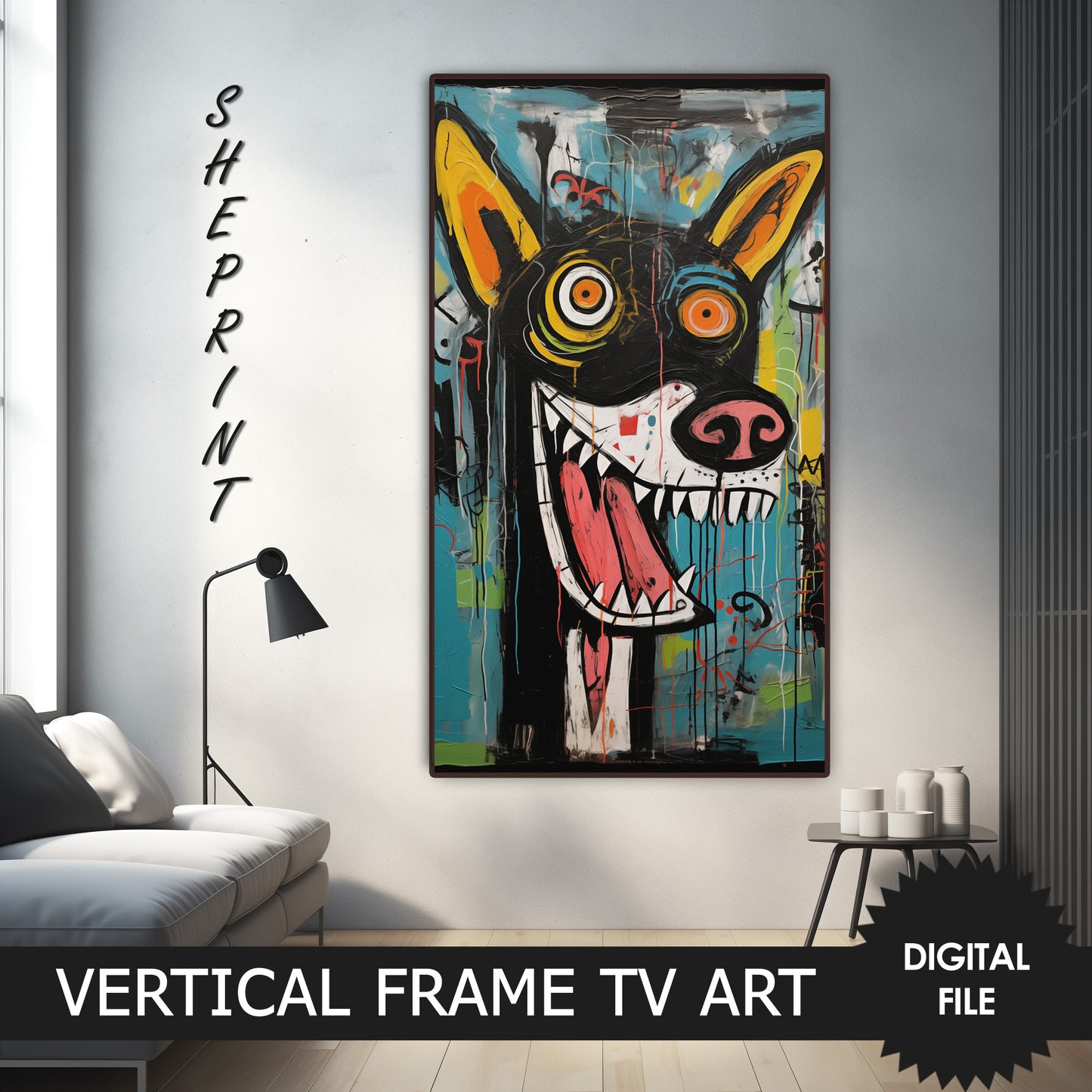 Vertical Frame TV Art, Dog, Raw Art Brut Oil Painting, Outsider Art preview on Samsung Frame TV when mounted vertically