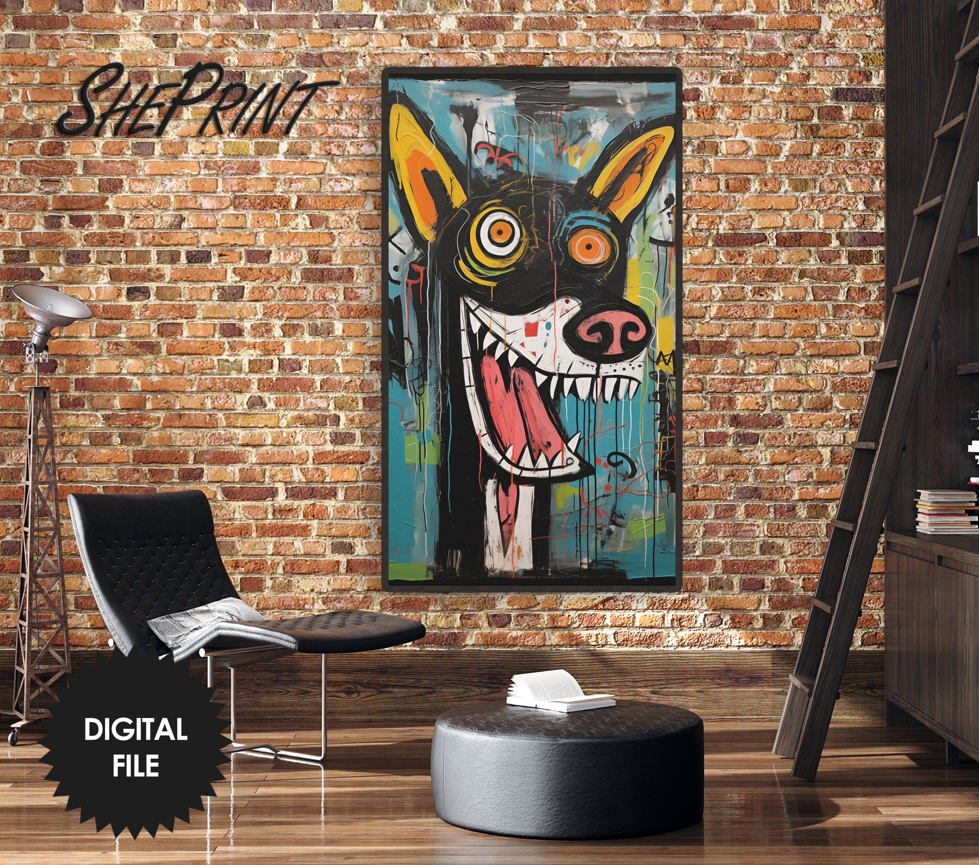 Vertical Frame TV Art, Dog, Raw Art Brut Oil Painting, Outsider Art preview in industrial interior