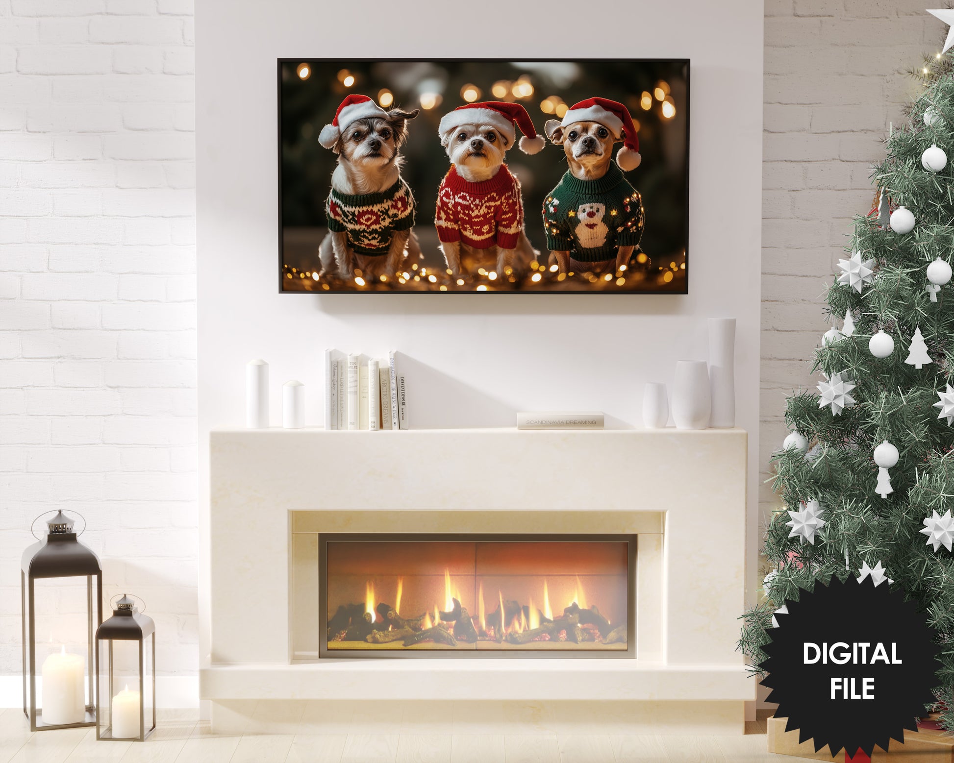 Frame TV Art Funny Dogs Wearing Christmas Sweaters |preview in Christmas ambience