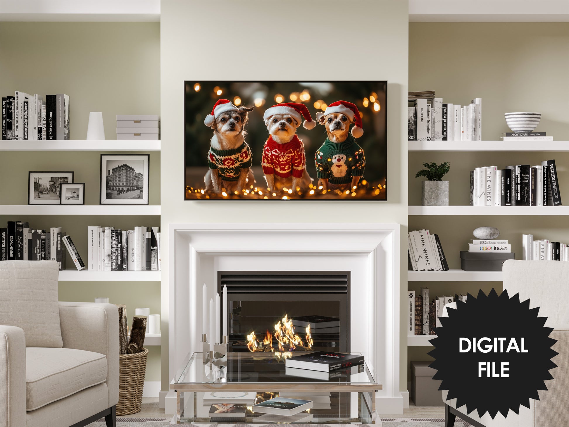 Frame TV Art Funny Dogs Wearing Christmas Sweaters |preview in living room