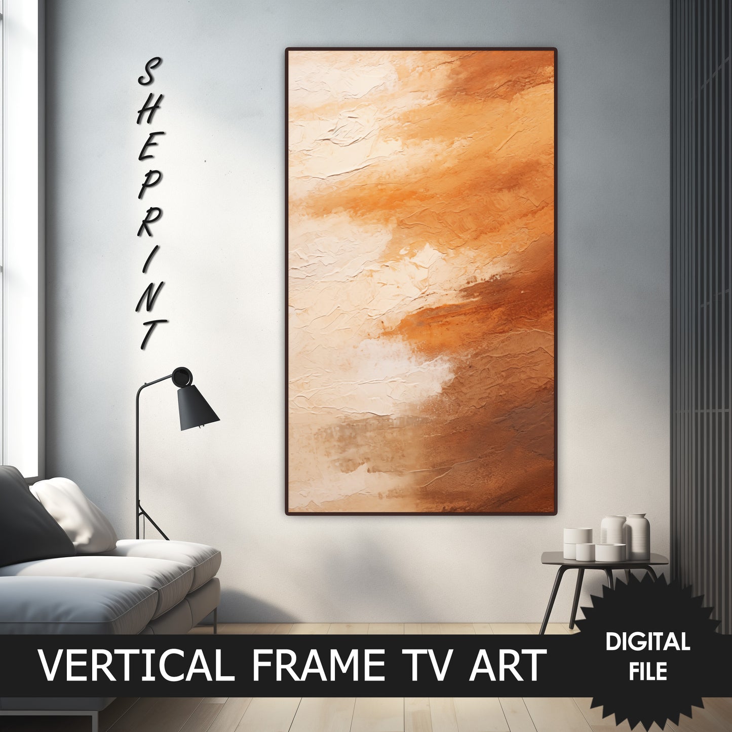 Vertical Frame TV Art, Earthy Tones Strokes Abstract Art, Neutral Colors, Oil Painting, preview on samsung frame tv when mounted vertically