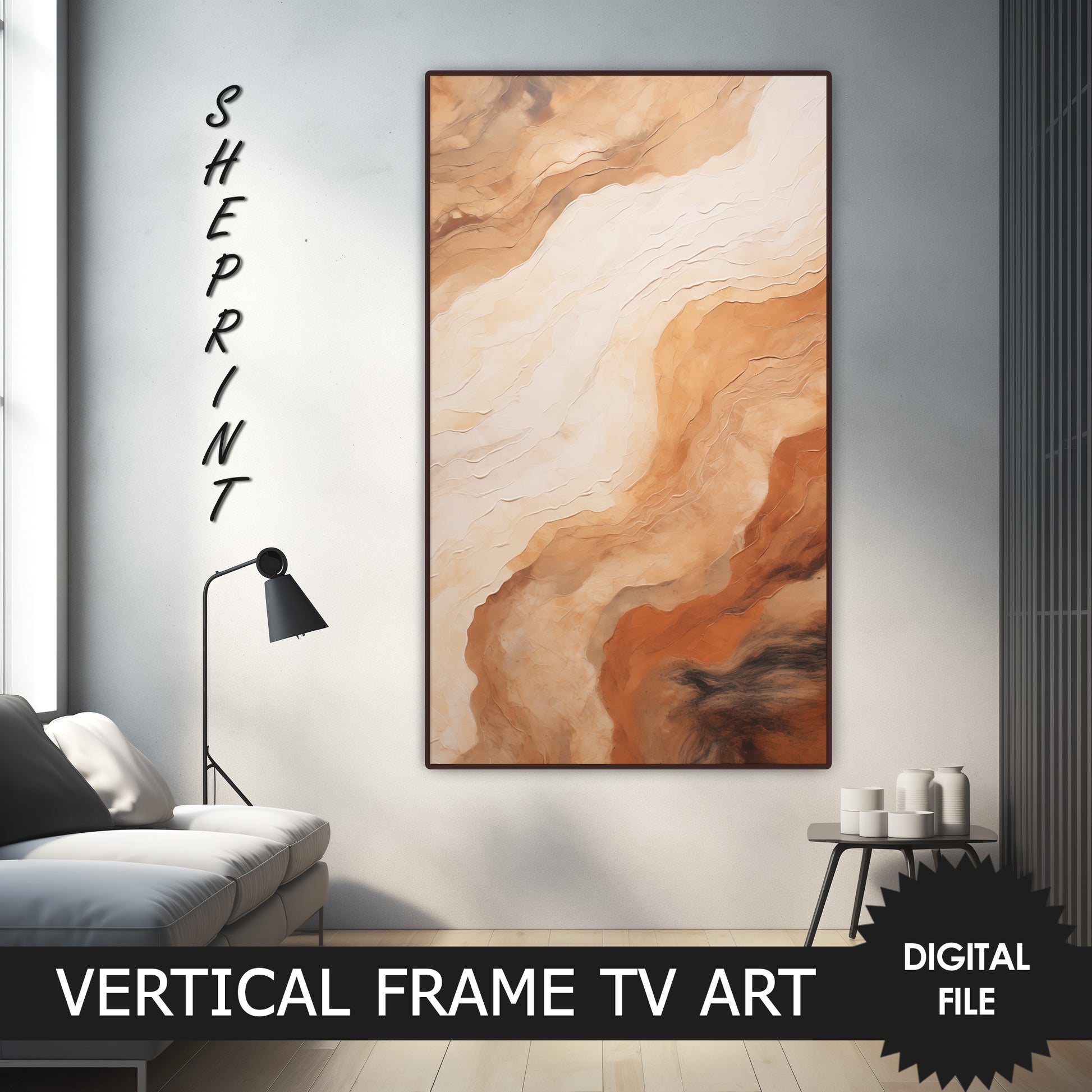 Vertical Frame TV Art, Earthy Tones Waves Abstract Art preview on Samsung Frame TV when mounted vertically