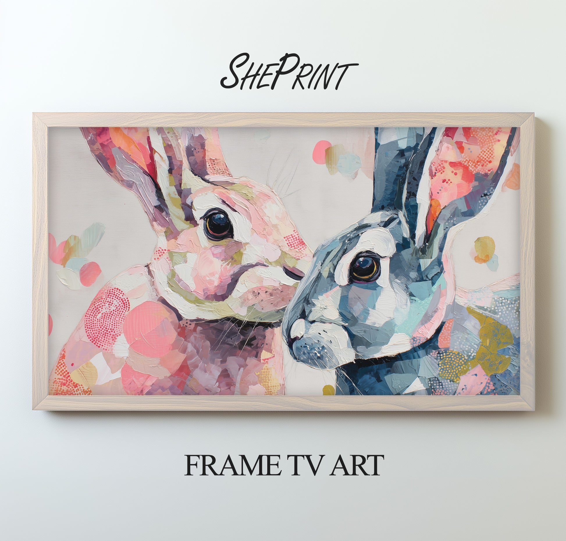 Easter Bunnies Abstract TV Art | Impasto Cubism Painting | Instant Digital Download