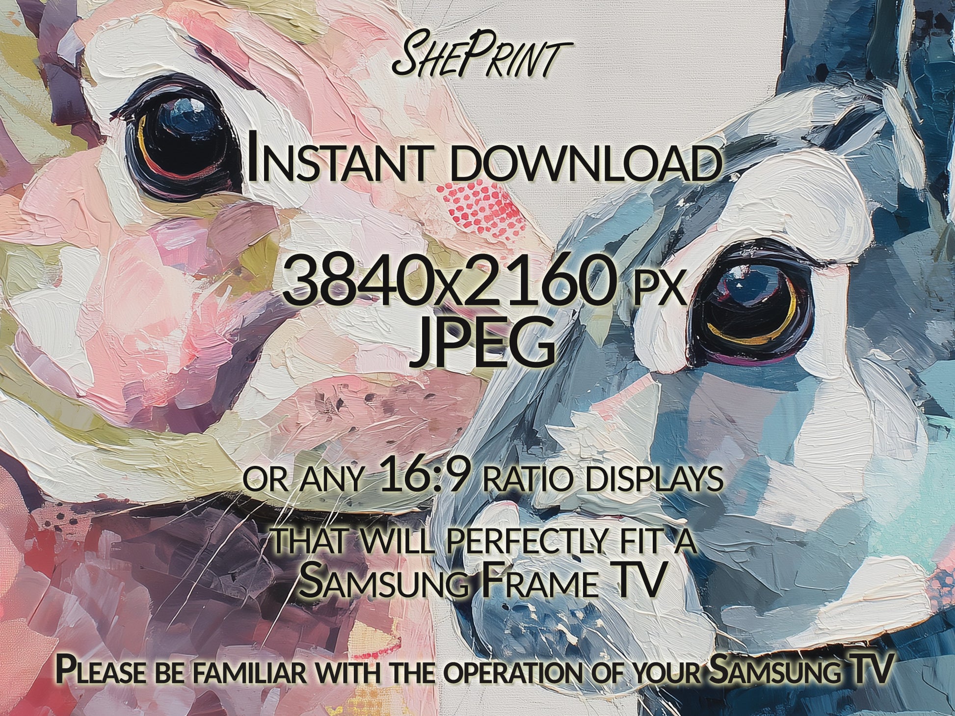 Easter Bunnies Abstract TV Art | Impasto Cubism Painting | Instant Digital Download close up look
