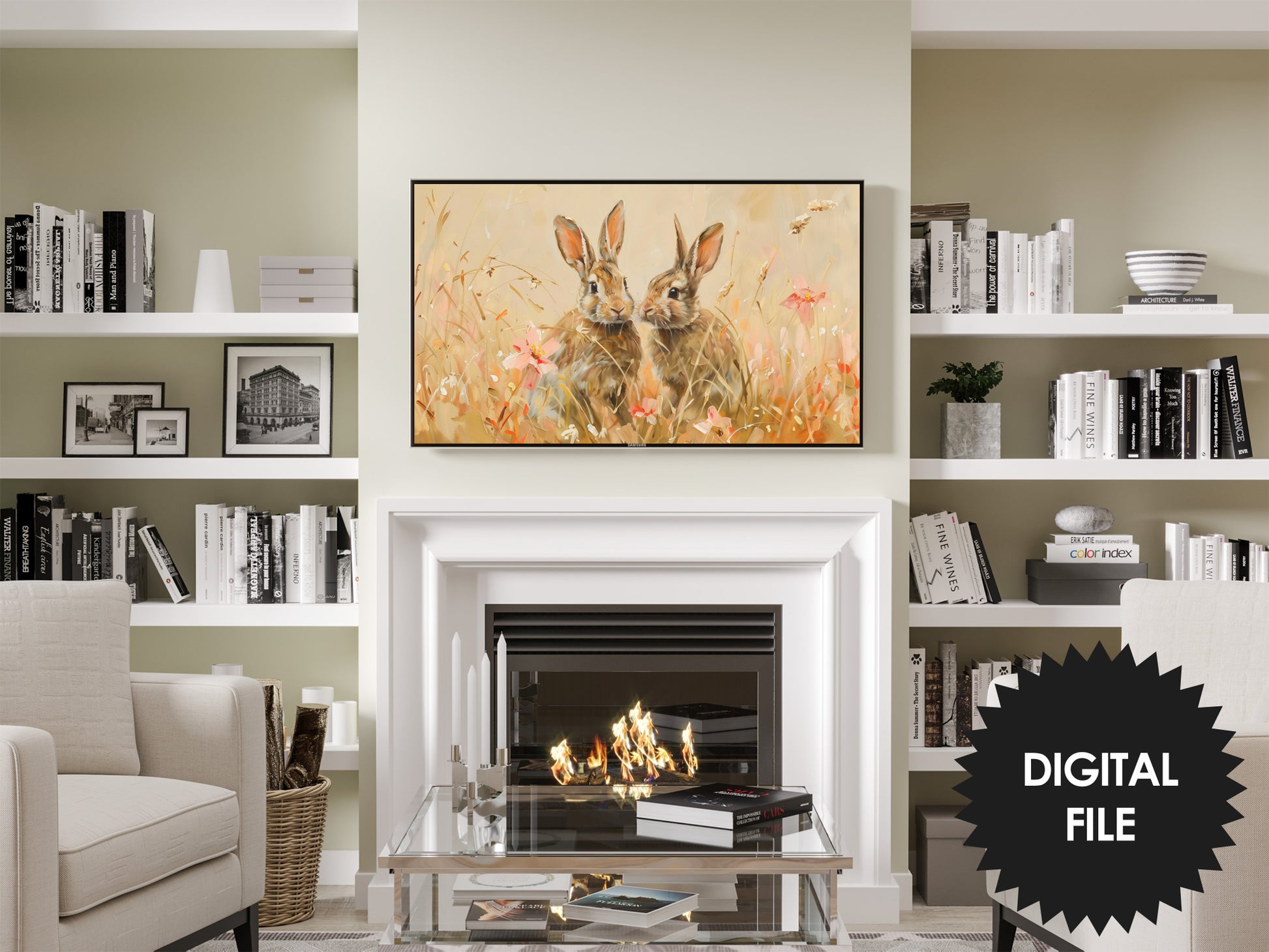 Frame TV Art Easter Bunnies preview in modern living room