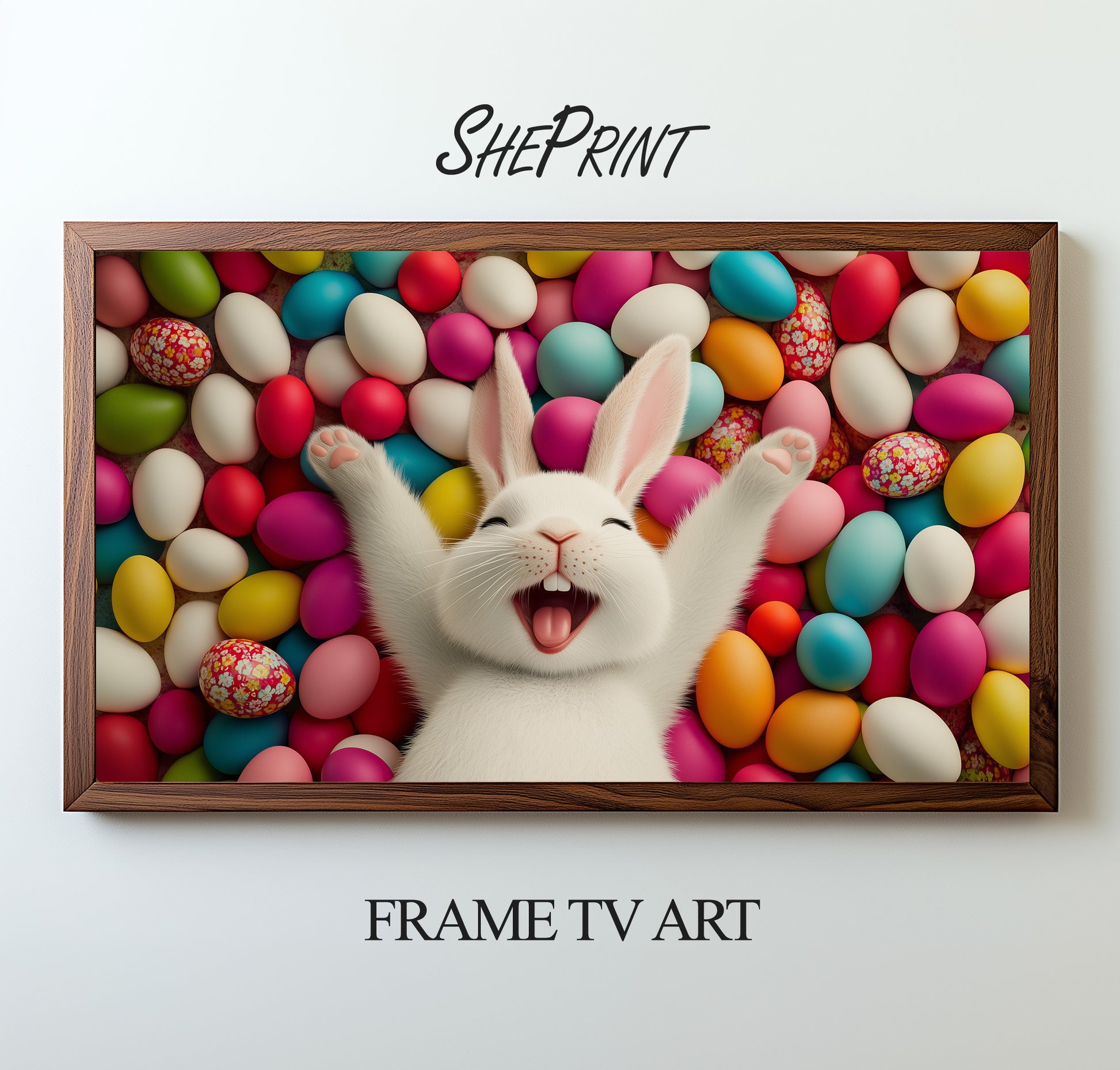 Easter Eggs Pile and Happy Bunny Frame TV Art |  Digital Download
