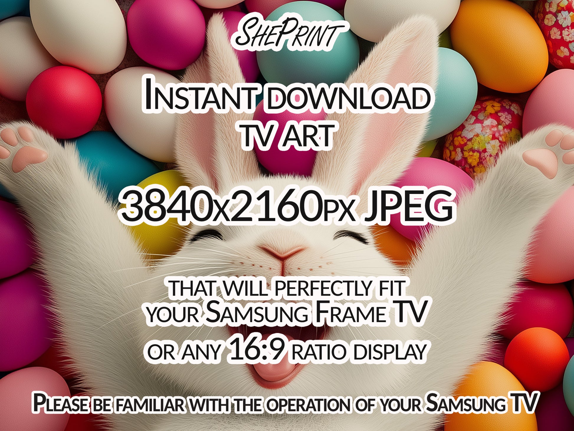 Easter Eggs Pile and Happy Bunny Frame TV Art |  Digital Download close up view