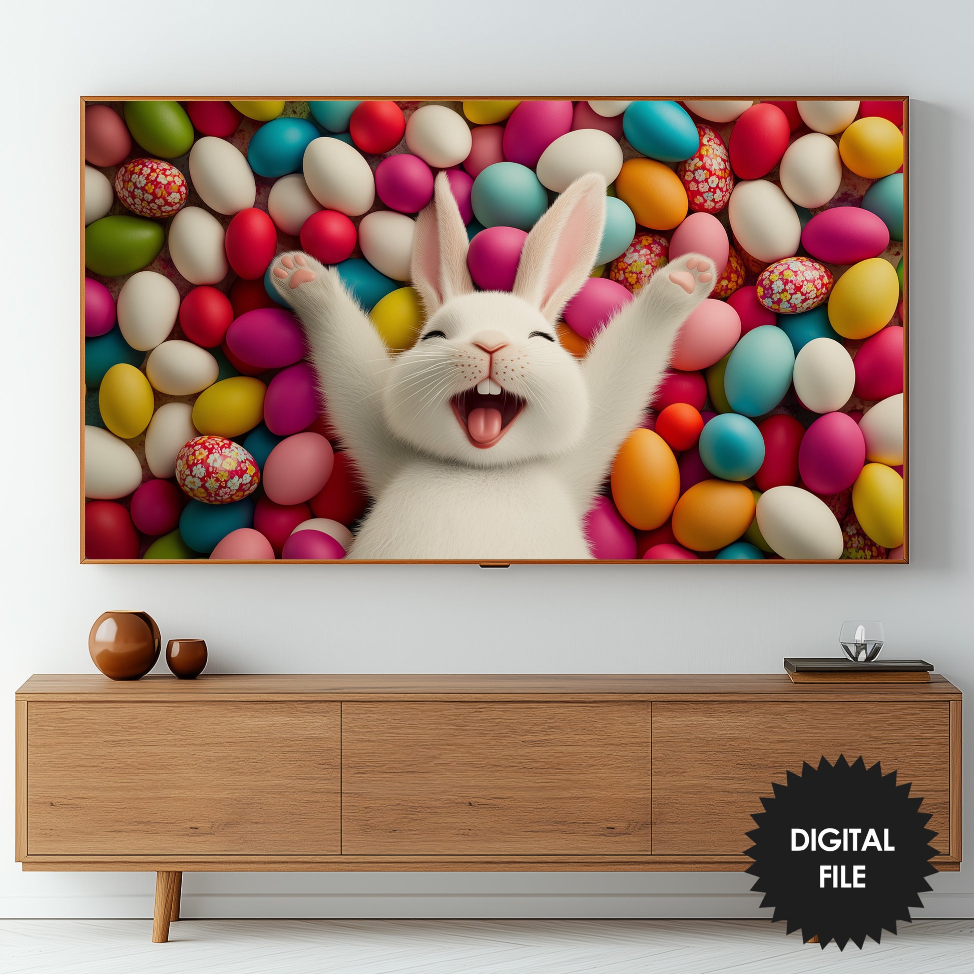 Easter Eggs Pile and Happy Bunny Frame TV Art |  Digital Download preview