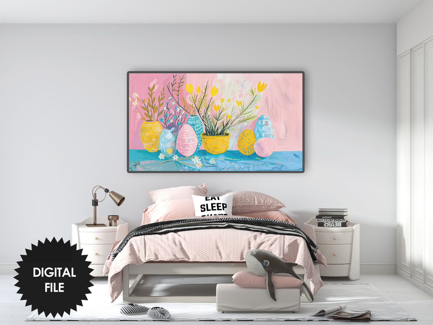 Frame TV Art Easter Still Life Pastel Colors preview in pink modern bedroom