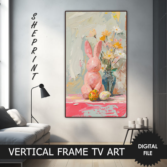 Vertical Frame TV Art, Easter Still Life Pastel Colors Painting, preview on samsung Frame Tv when mounted vertically