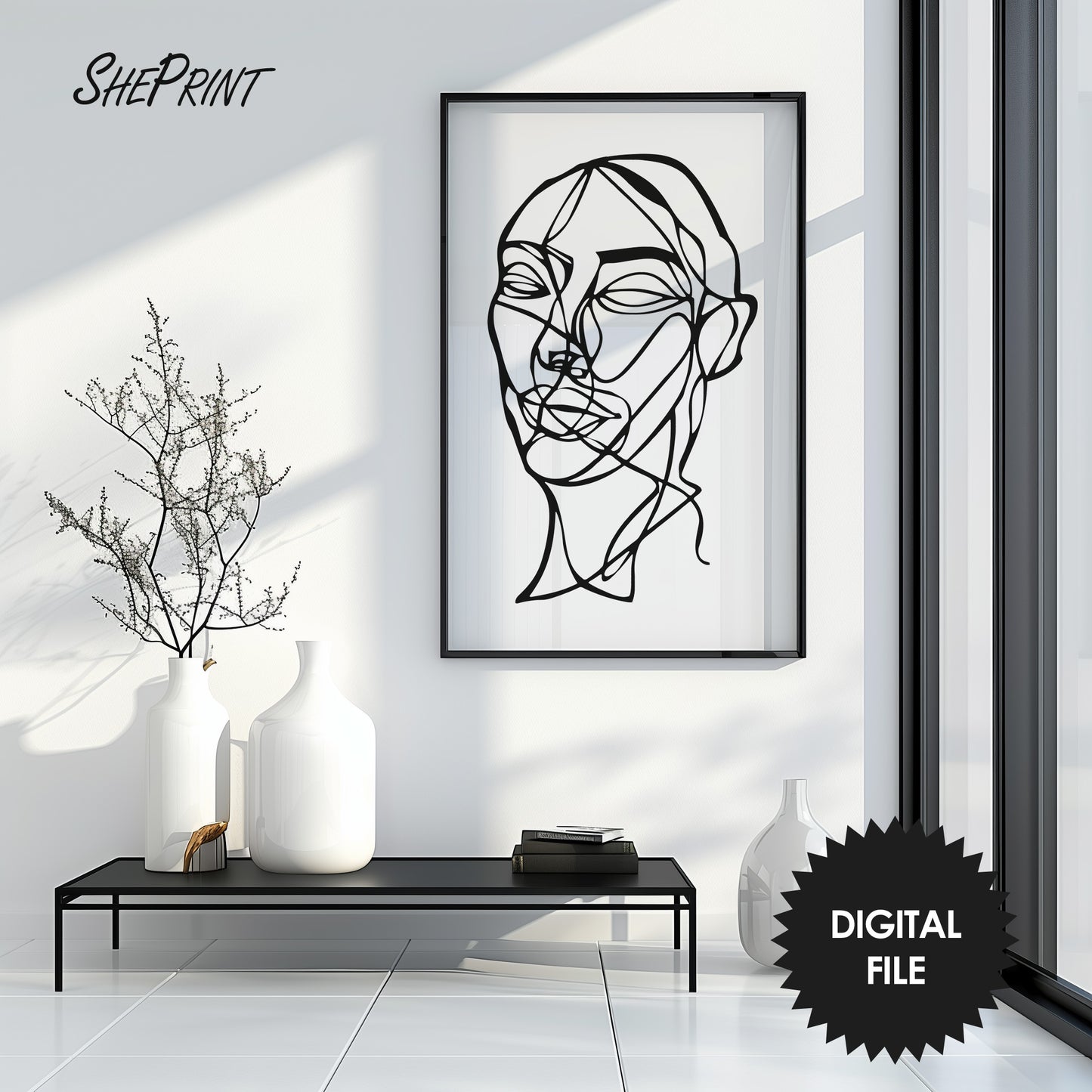 Minimalist Face Line Art, Black & White Abstract Print, Instant Download PNG Image, Print Up To 36x54 inch Respecting Ratio 2x3