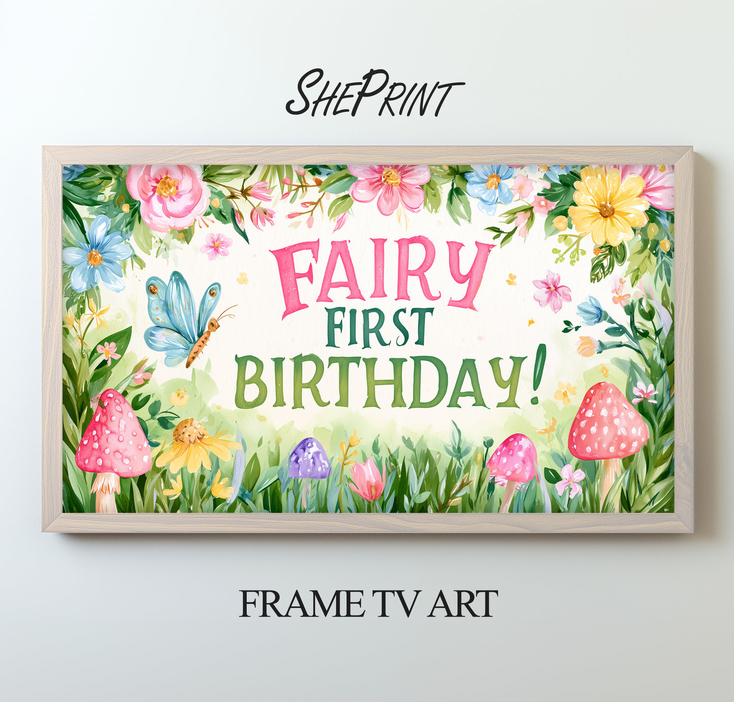 Fairy First Birthday TV Art For Kids | Happy Birthday Backdrop | Instant Download preview