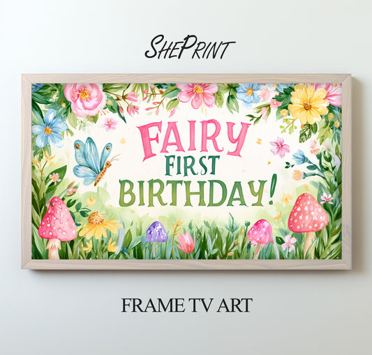 Fairy First Birthday TV Art For Kids | Happy Birthday Backdrop | Instant Download preview