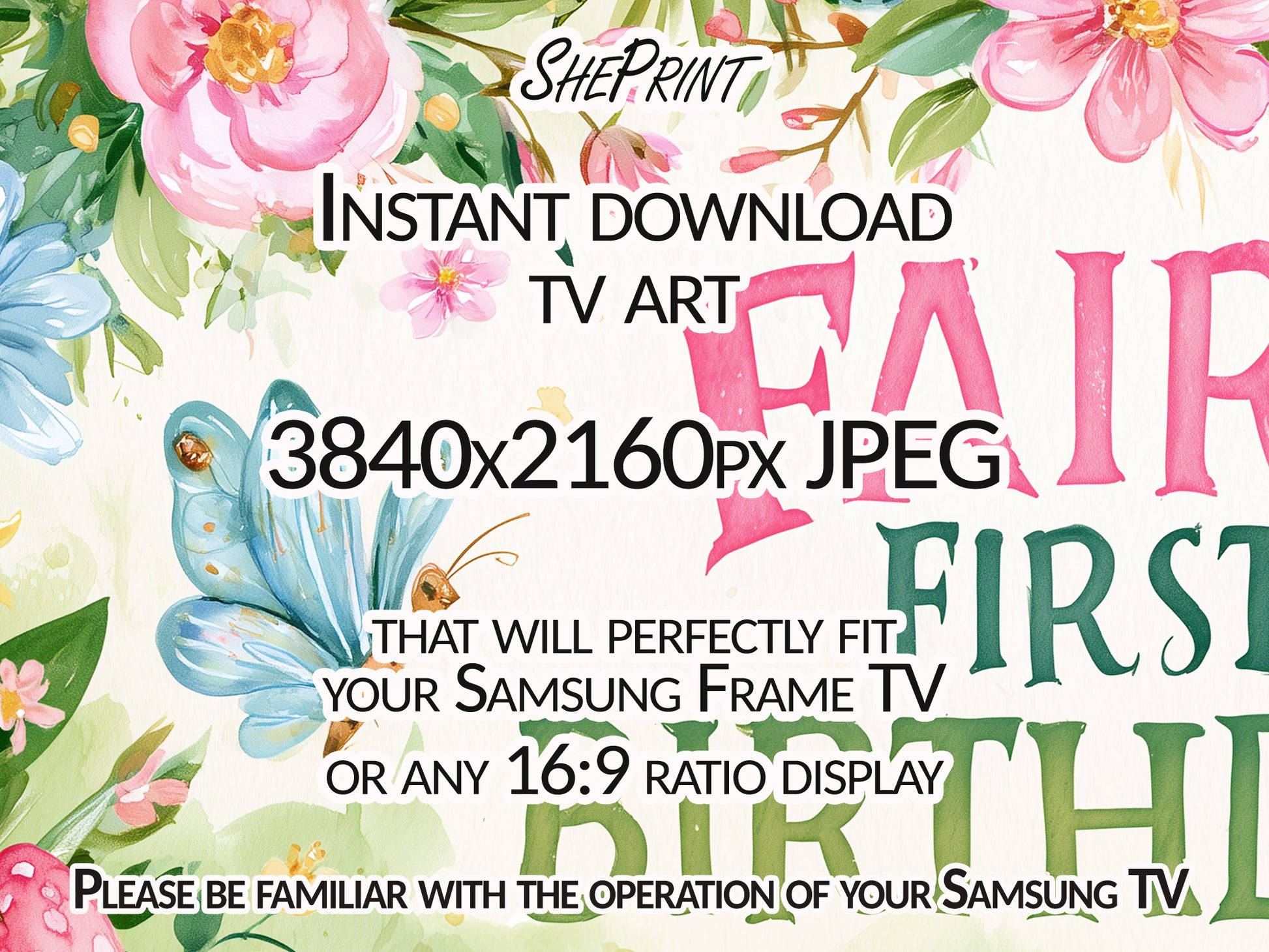 Fairy First Birthday TV Art For Kids | Happy Birthday Backdrop | Instant Download close up view