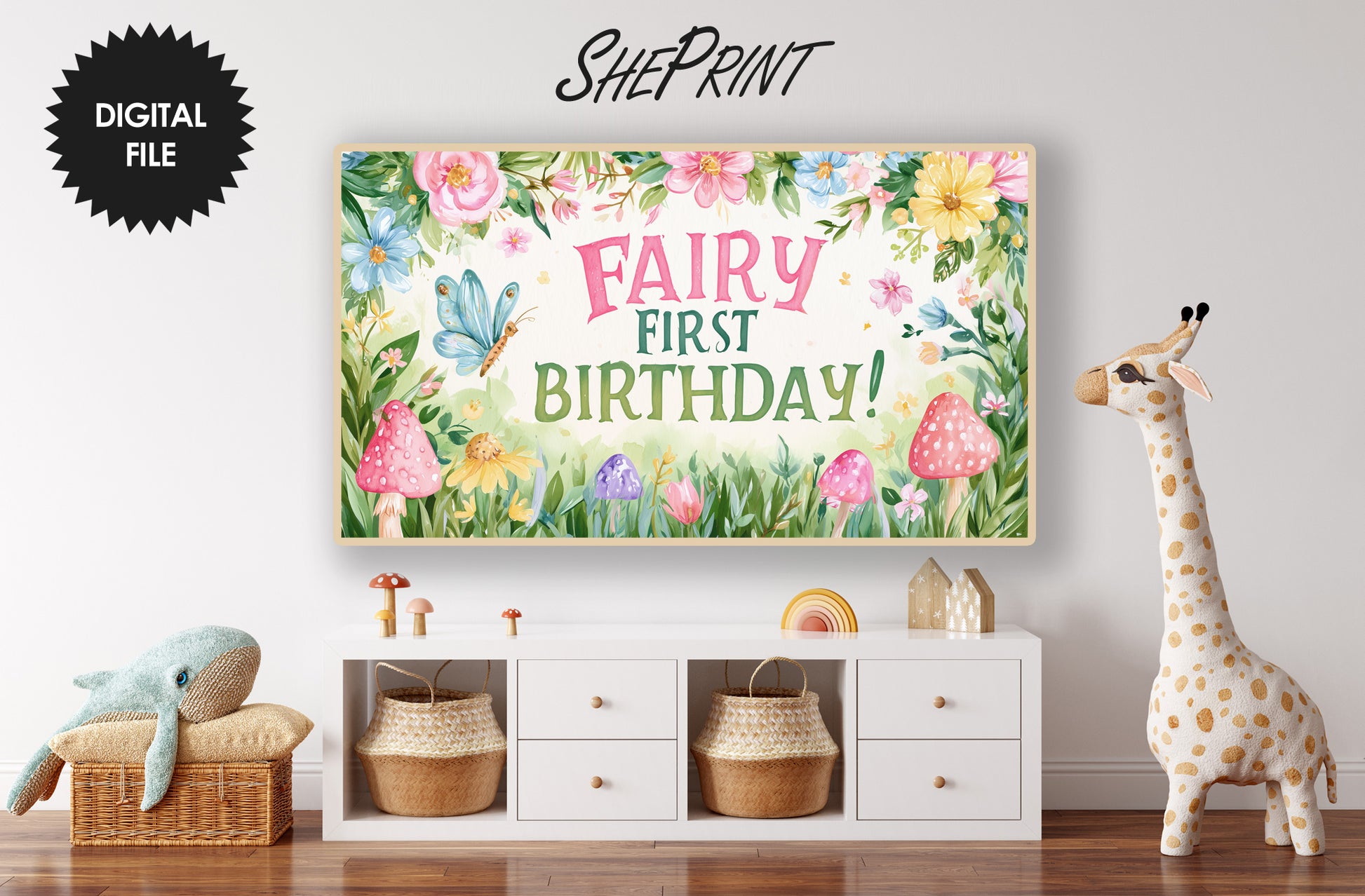 Fairy First Birthday TV Art For Kids | Happy Birthday Backdrop | Instant Download preview in kids room
