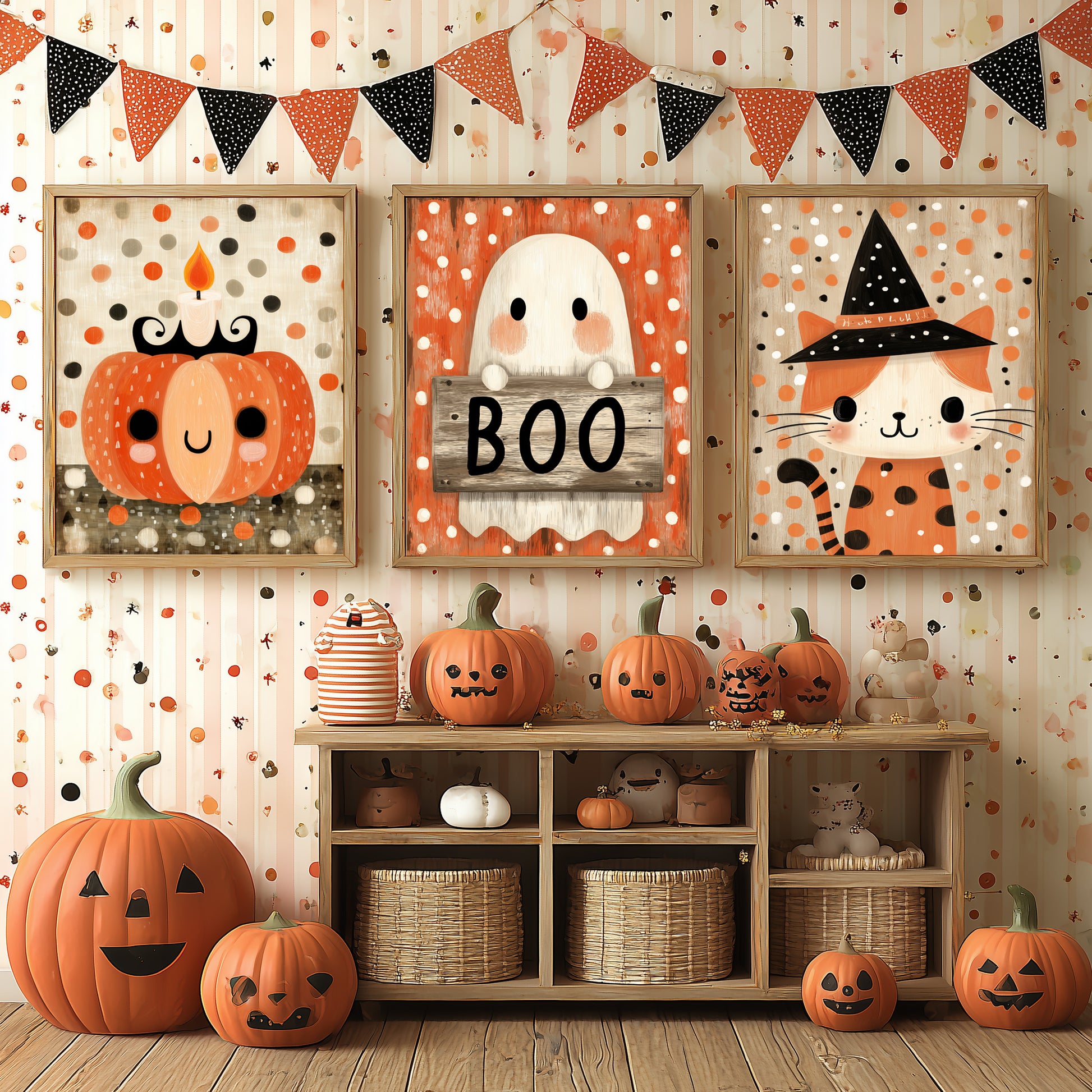 Halloween Wall Art For Kids, Set of 3 Prints, Cute Ghost, Pumpkin and Cat, preview in kids room