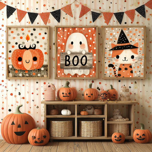 Halloween Wall Art For Kids, Set of 3 Prints, Cute Ghost, Pumpkin and Cat, preview in kids room