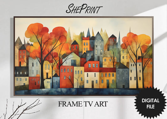 Autumn Samsung Frame TV Art | Fall City Watercolor | Digital TV Art | Digital Painting | Instant Download