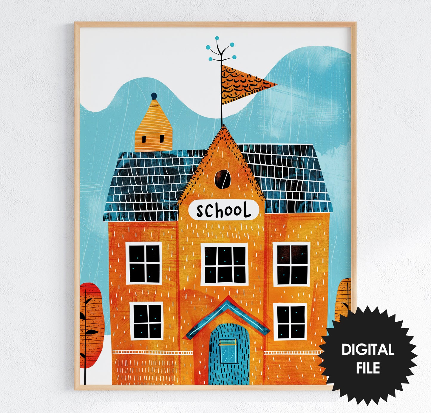 Fall Wall Art For Kids, 9 Back To School Prints For Kids, School Building Print Preview