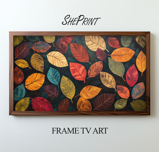 Samsung Frame TV Art, Fall Leaves, Autumn Abstract Art preview with wooden frame