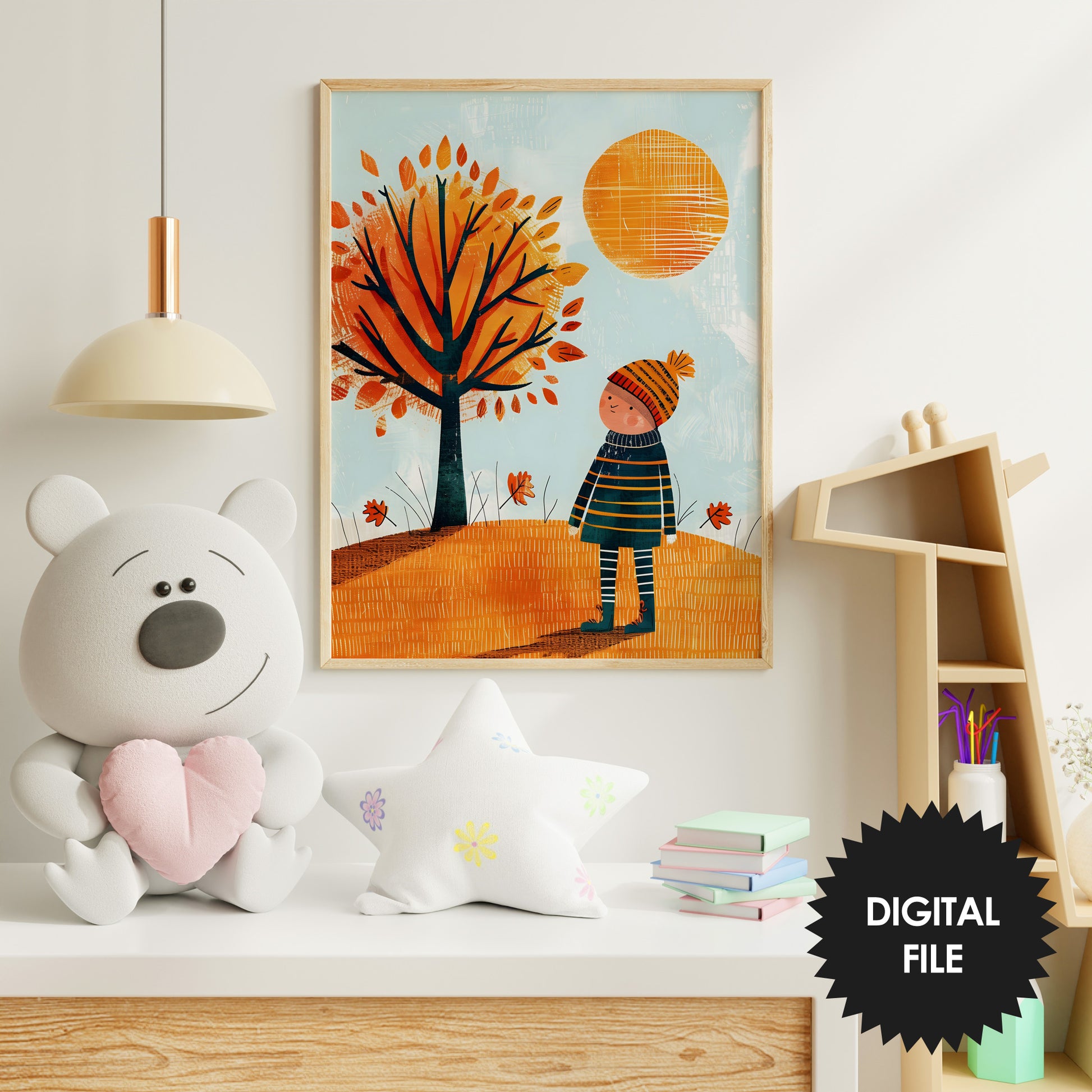 Kids Room Wall Art, Cute Fall Scene Collage, Boy and Tree Digital Print preview in kids room