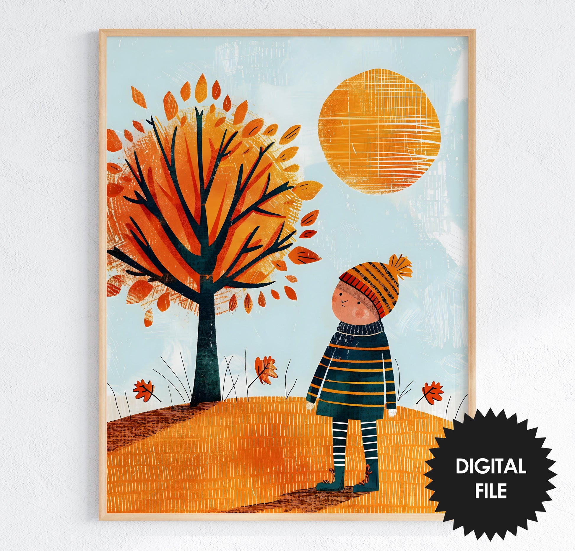 Kids Room Wall Art, Cute Fall Scene Collage, Boy and Tree Digital Print preview