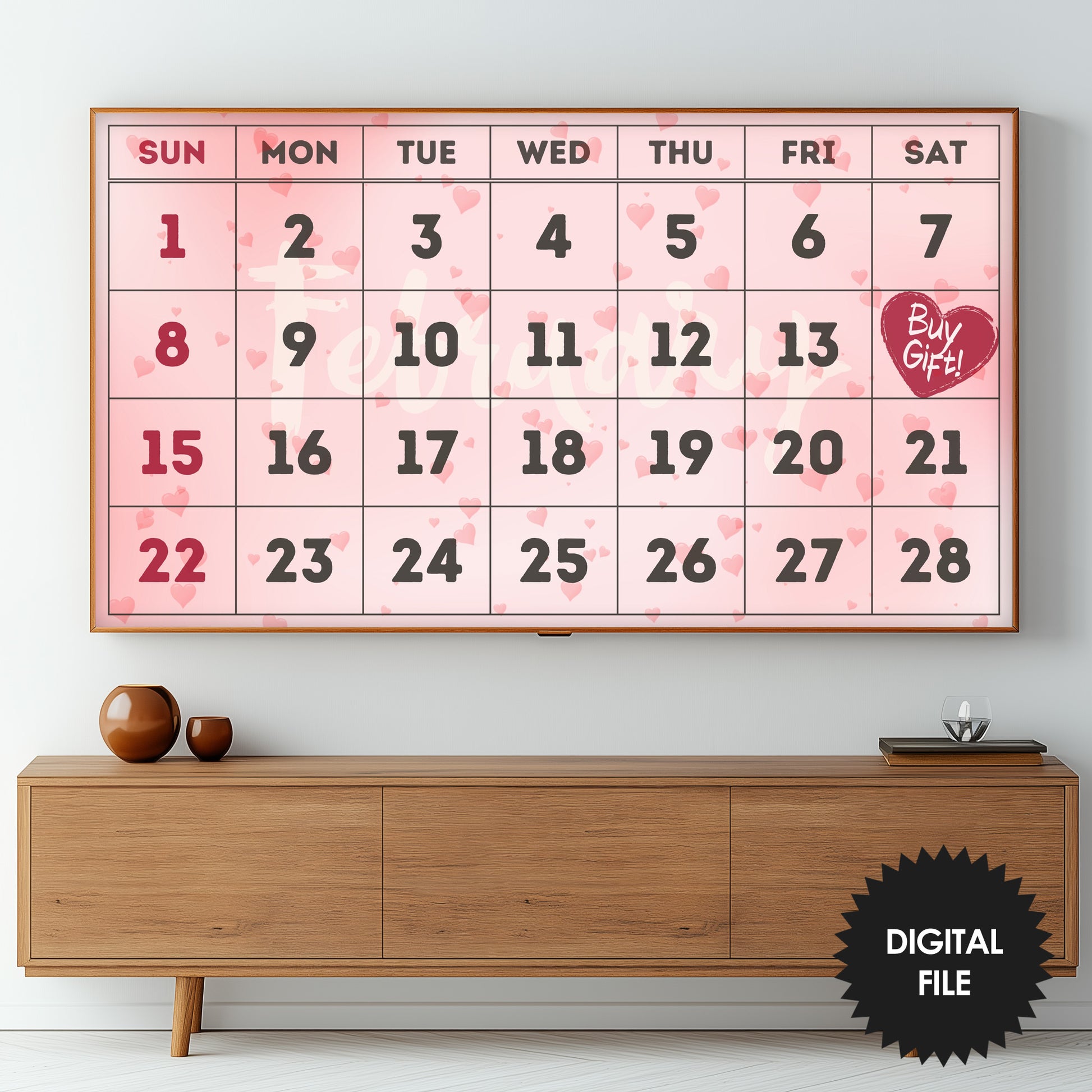 Valentine Frame TV Art, February Calendar, Valentine's Day Reminder preview on Samsung TV in living room