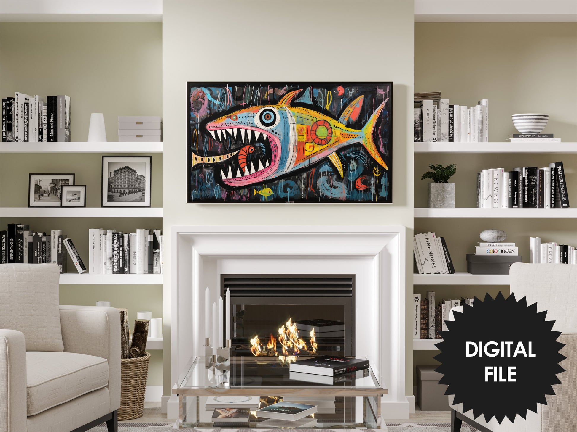 Samsung Frame TV Art | Fish Art Brut | Outsider Art | Digital TV Art | preview in modern living room