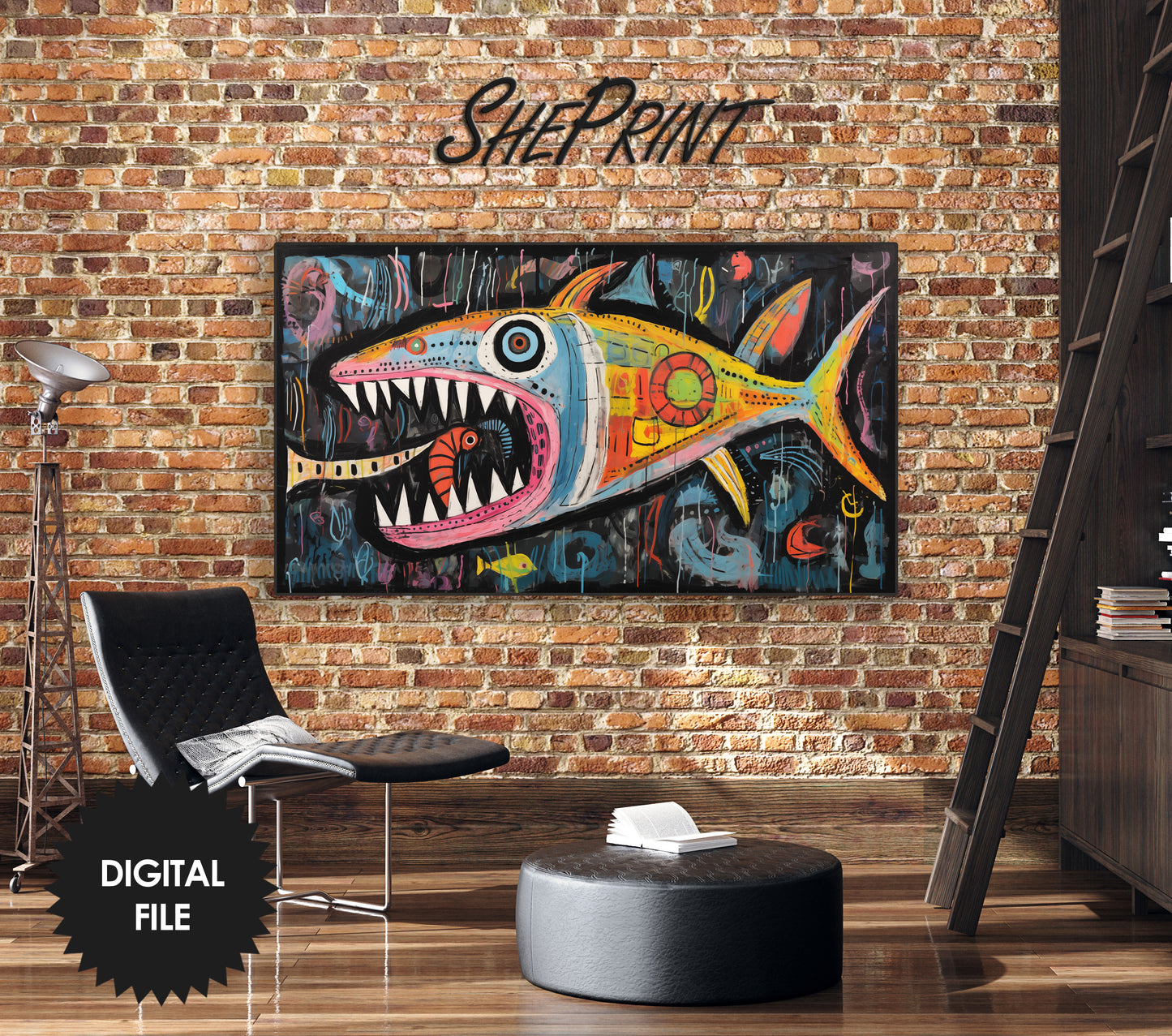 Samsung Frame TV Art | Fish Art Brut | Outsider Art | Digital TV Art | preview in industrial designed room