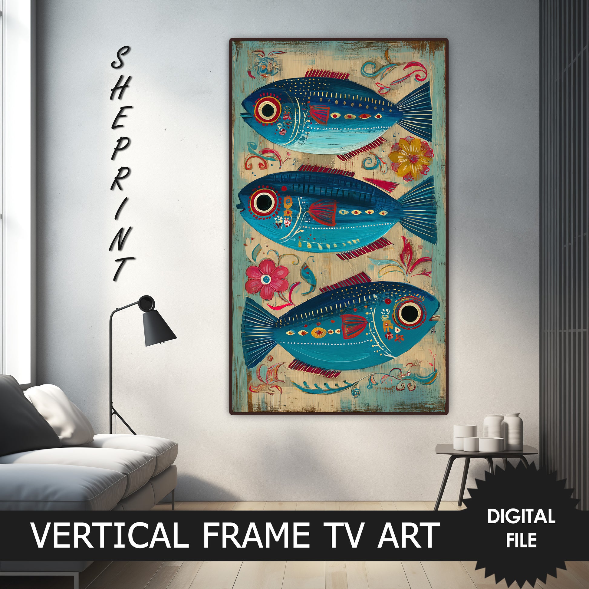 Vertical Frame TV Art Sardines Fish Boho Abstract Painting preview on screen