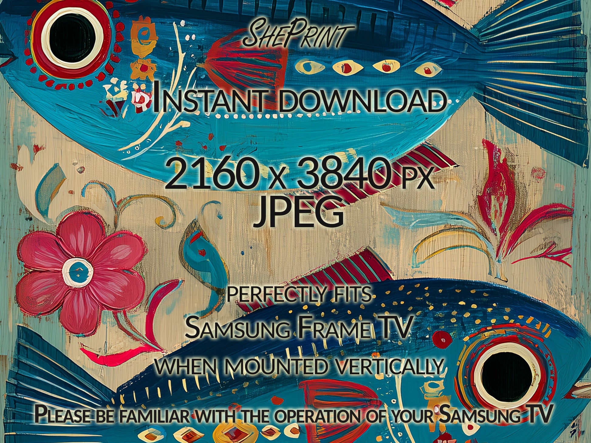 Vertical Frame TV Art Sardines Fish Boho Abstract Painting close up view