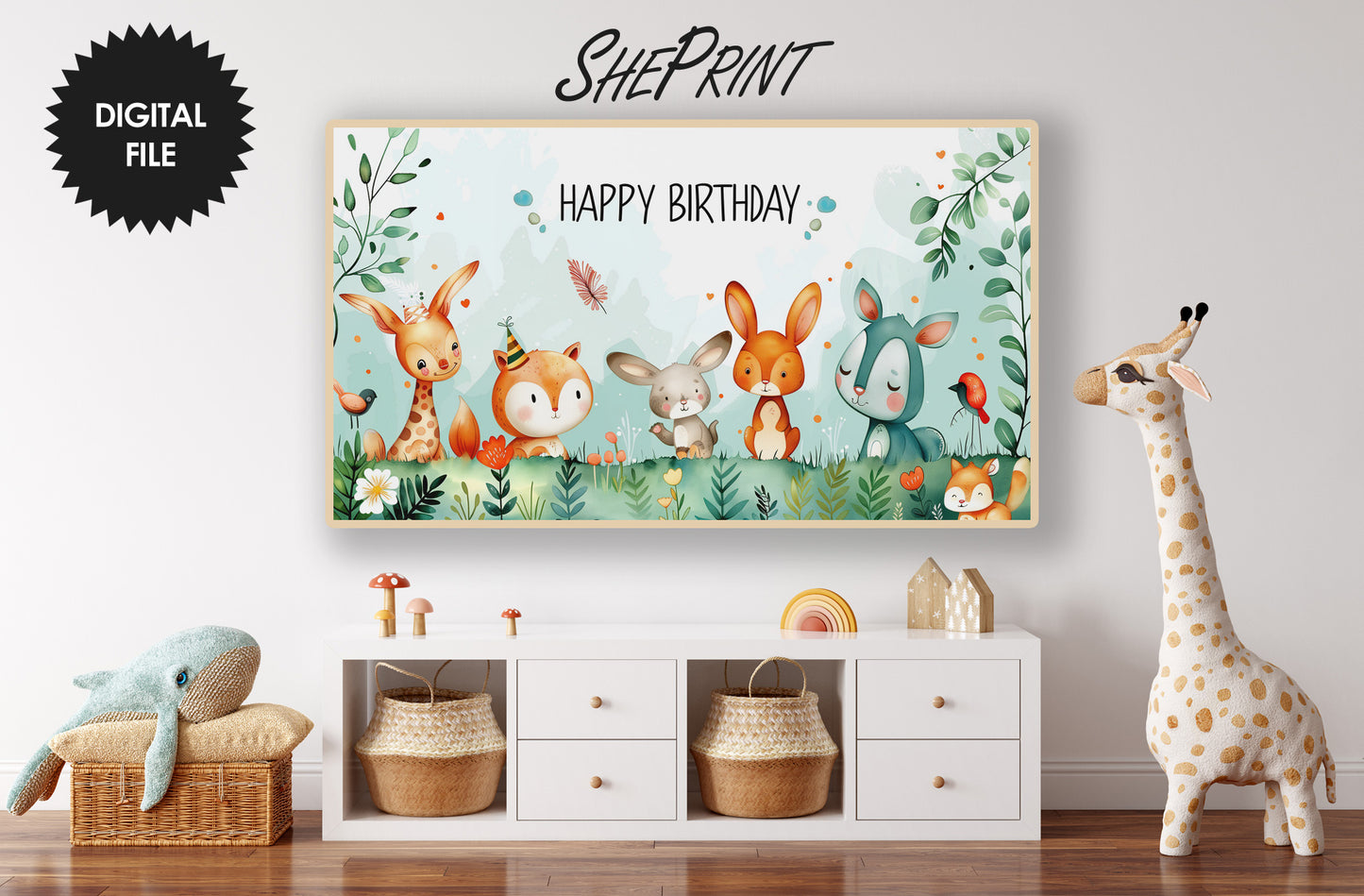 Frame TV Art For Kids | Happy Birthday | Cute Forest Animals preview in kids room