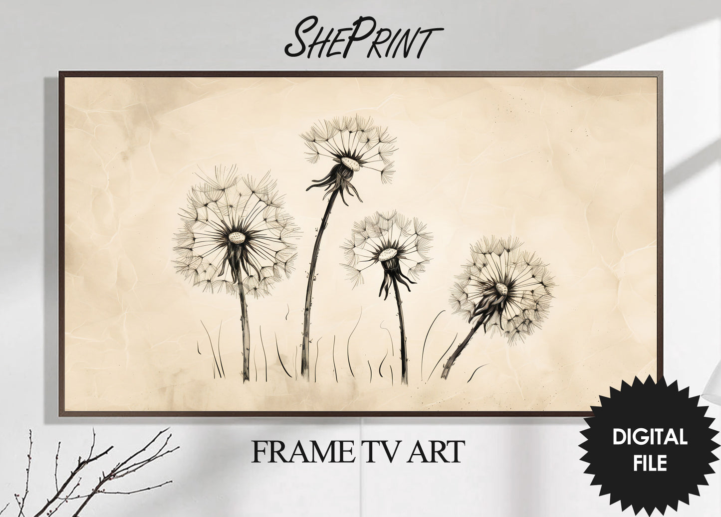 Frame TV Art Four Dandelions, Vintage Ink Drawing preview