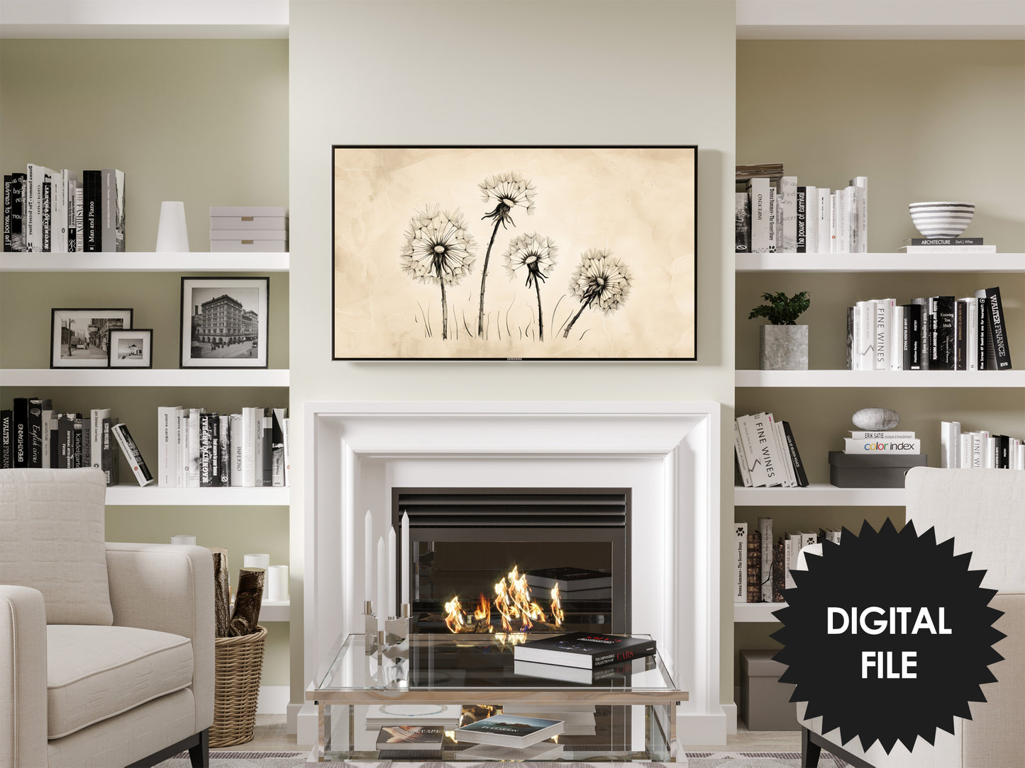 Frame TV Art Four Dandelions, Vintage Ink Drawing preview in modern living room