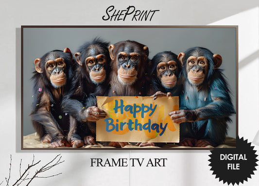 Funny Birthday Samsung Frame TV Art | Monkeys Holding Happy Birthday Sign | Digital TV Art | 3840 x 2160 pixels JPEG | Instant Download