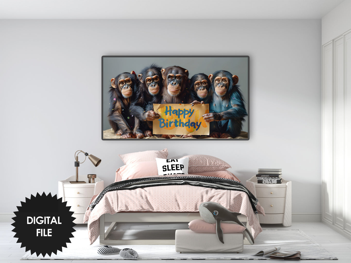 Funny Birthday Samsung Frame TV Art | Monkeys Holding Happy Birthday Sign preview in bedroom