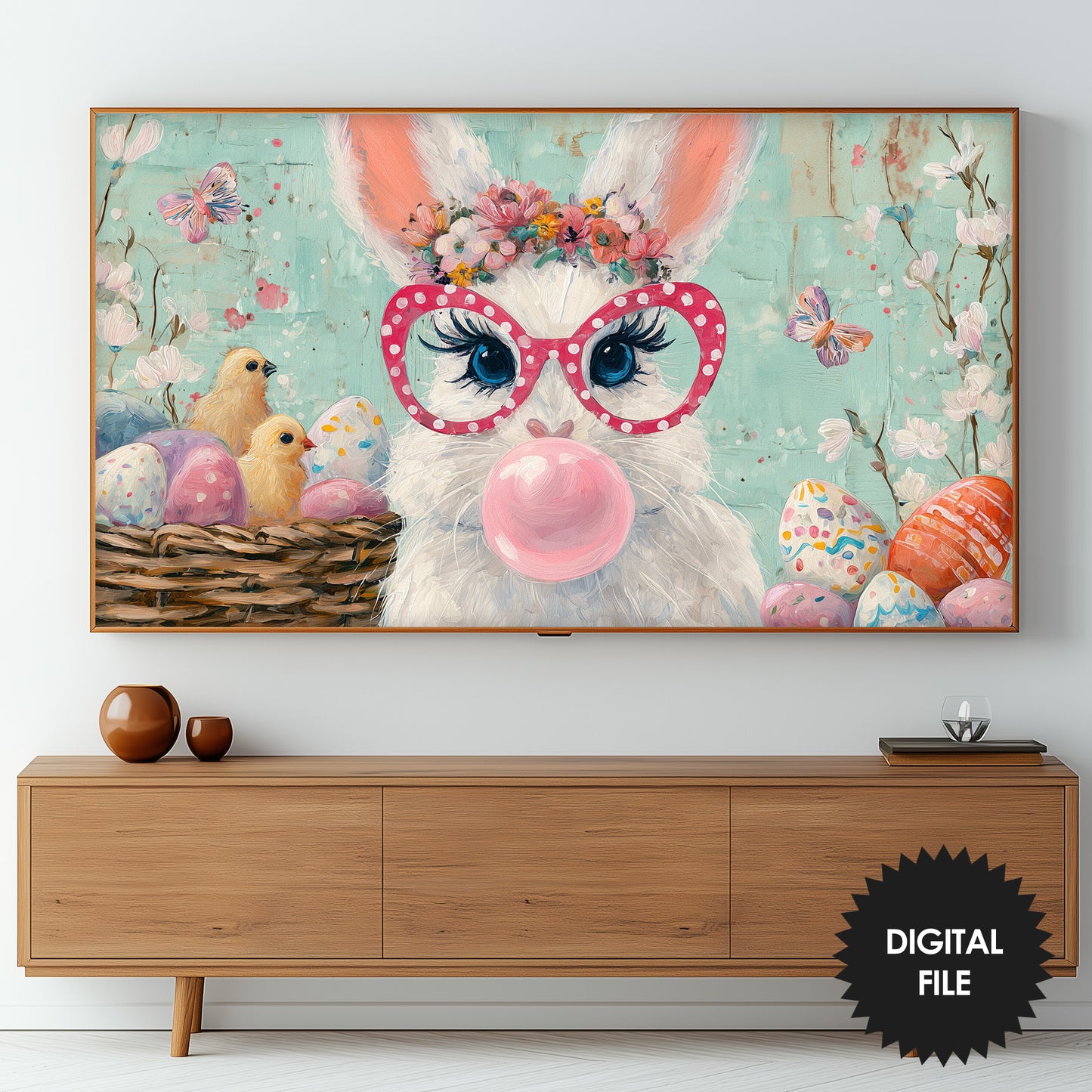 Funny Easter Bunny Frame TV Art | Glasses and Bubble Gum | Instant Digital Download preview on screen