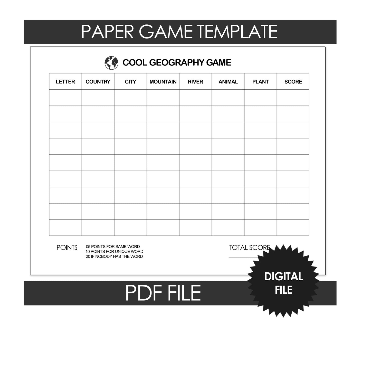 Pen and Paper Games, Cool Geography Game, Kids Printables, For Kids and Teachers, PDF File, Instant Download